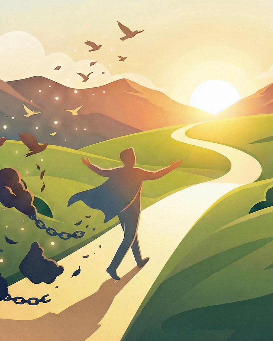 Silhouette en marche, libérée de ses chaînes, sur un chemin vers le soleil levant